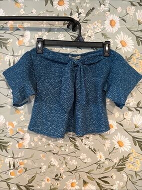 Express Teal Blue Tie-Front Off-Shoulder Crop Top